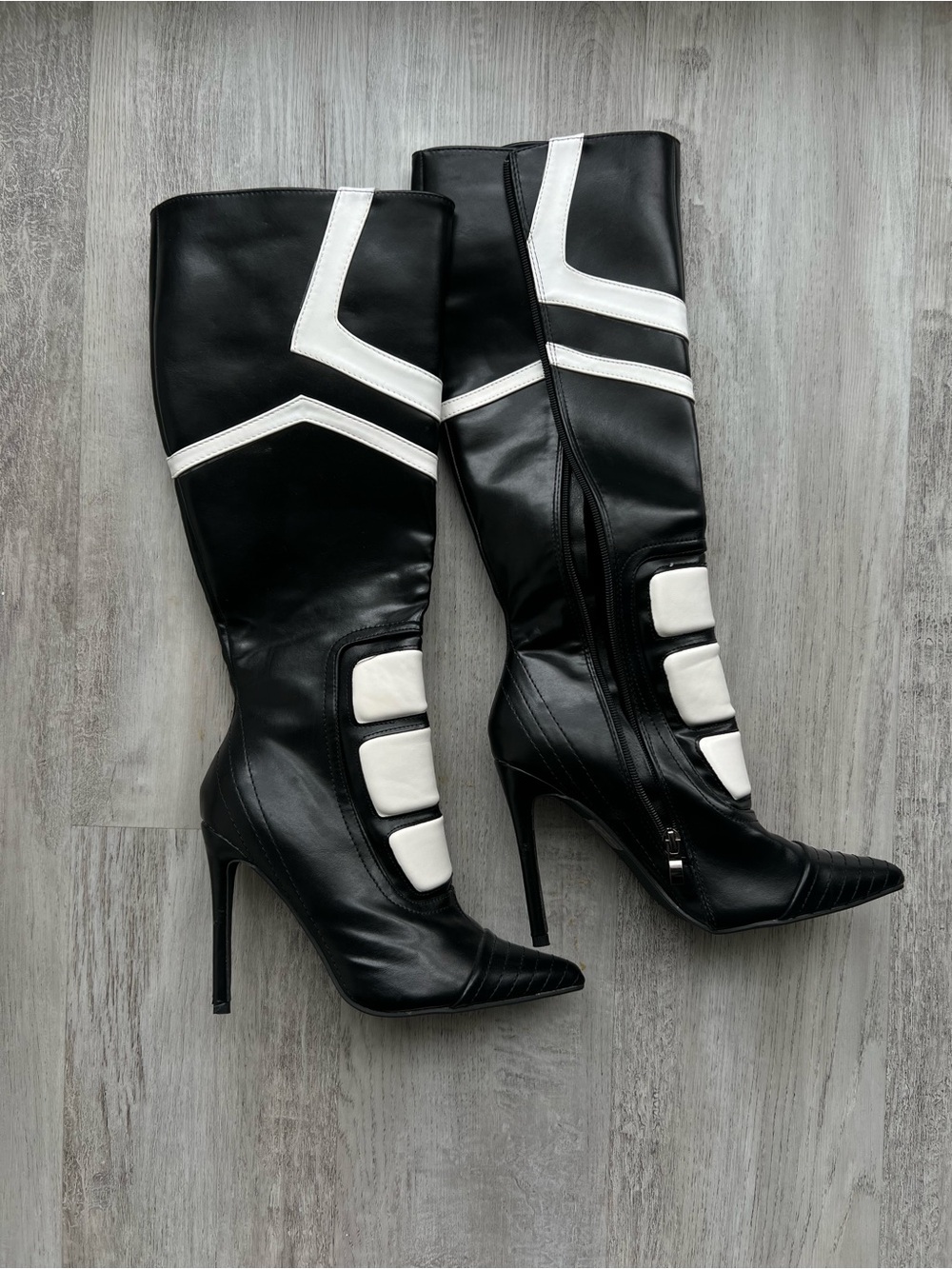 Black and White High-Stiletto Knee-High Boots